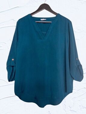 Maurices Teal V-Neck Roll-Tab Sleeve Tunic